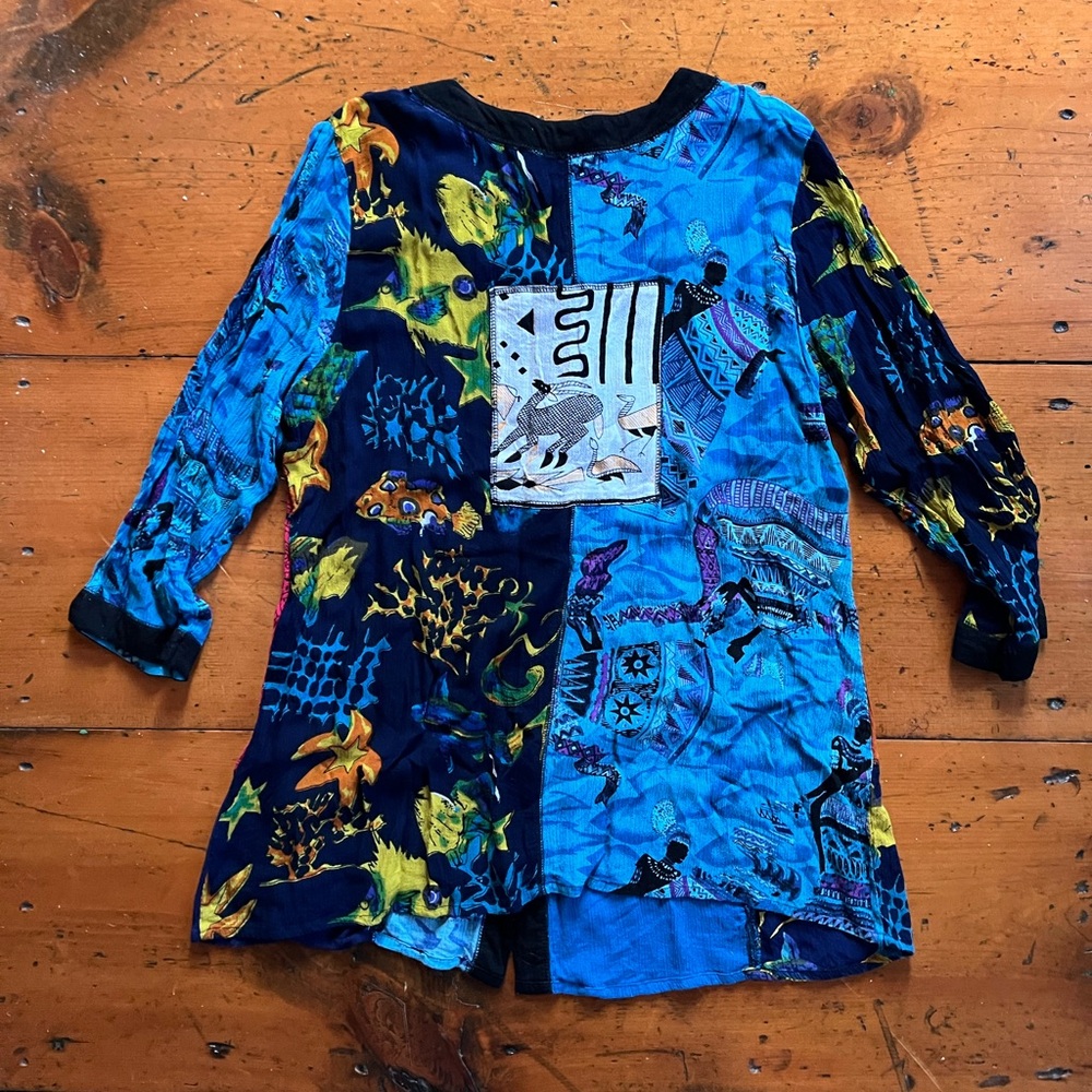 La Cera Patchwork Button Up Whimsical Boho Multic… - image 2